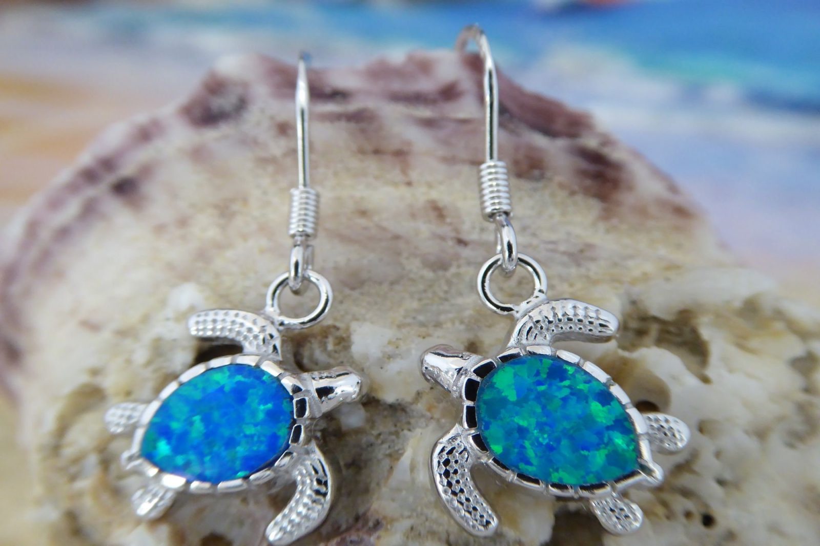 Sea Turtle Earrings Sterling Silver Blue Opal Sea Turtle Dangle