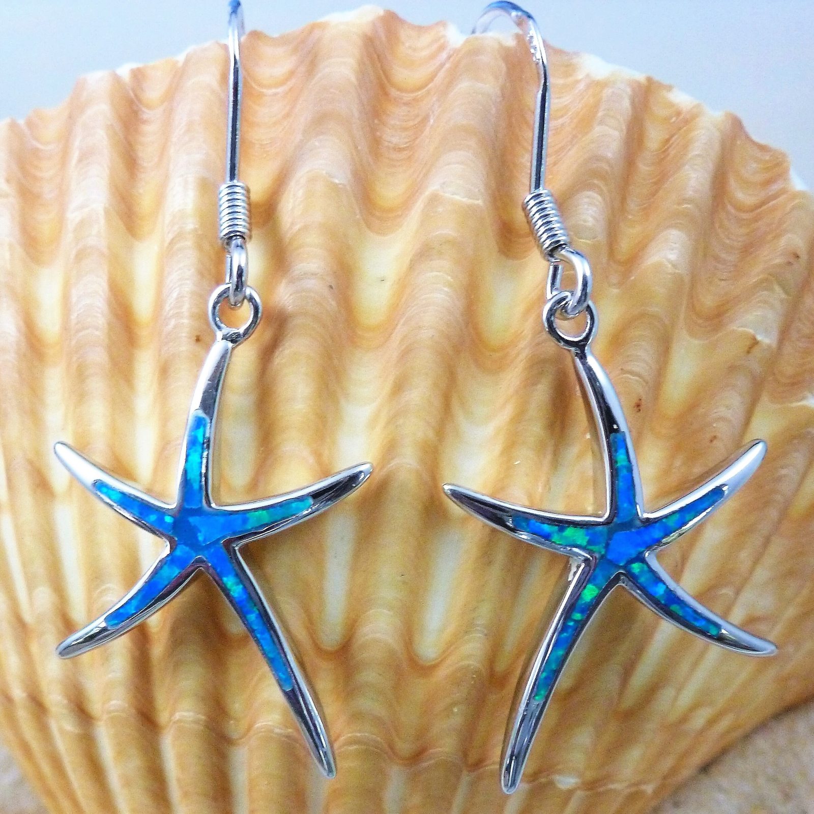 Silver Starfish Dangle Earrings Tall Sterling Rhodium Opal