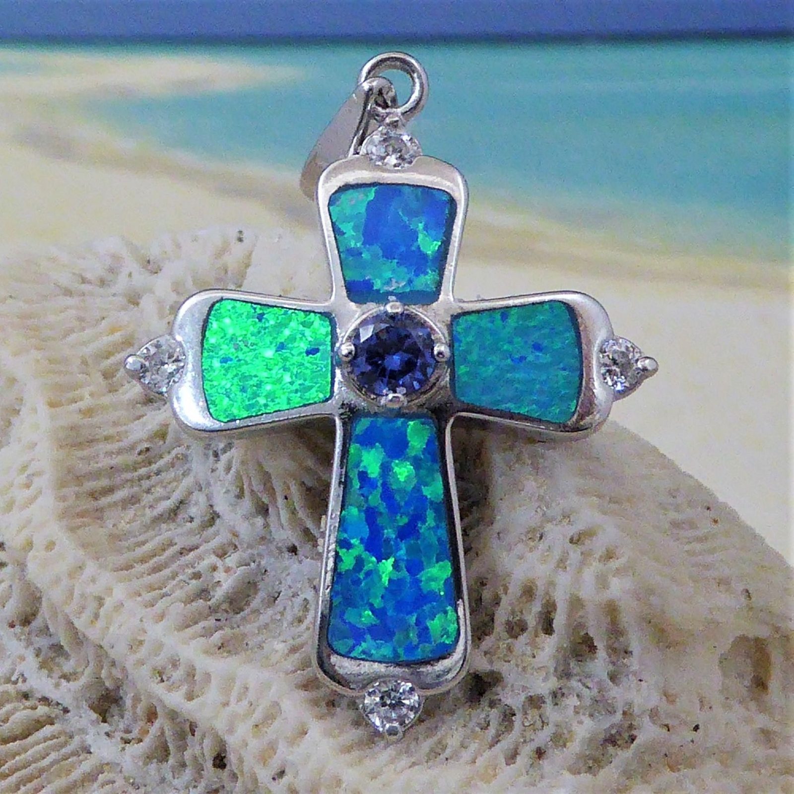 Sterling Silver Cross Pendant with Blue Opal Inlay