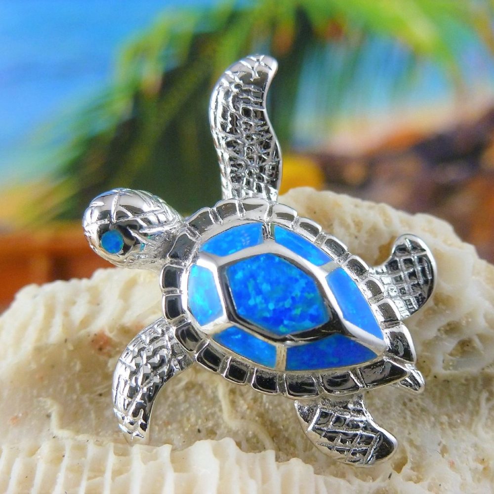 Sea Turtle pendant,slide, 925 Sterling Silver charm Inlay Blue Opal ...