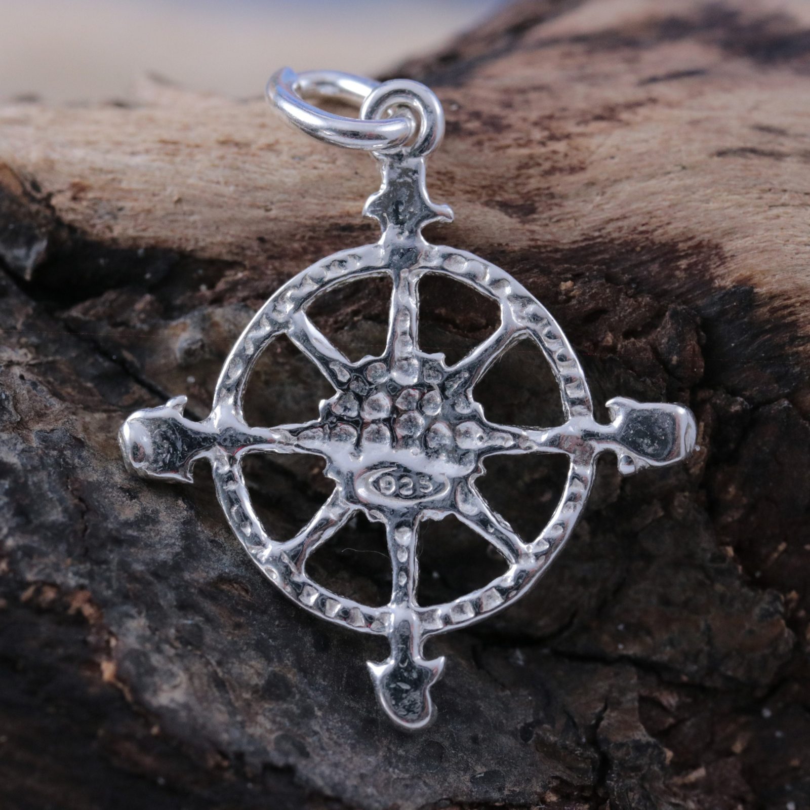Silver compass rose charm, 1 1/8