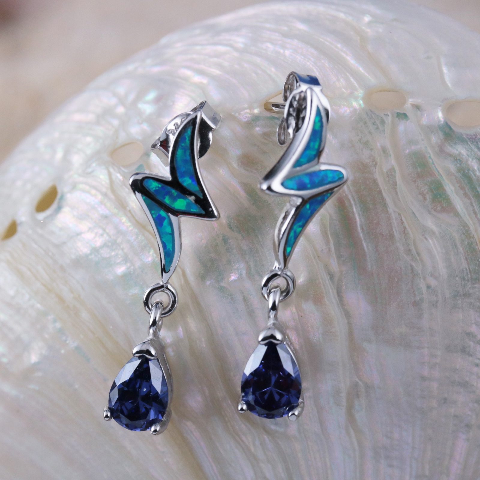 Real Sterling Silver dangling Pear cut Tanzanite dangle Earrings with Blue Opal inlay design, store free fast shipping ,fashion silver jewelry