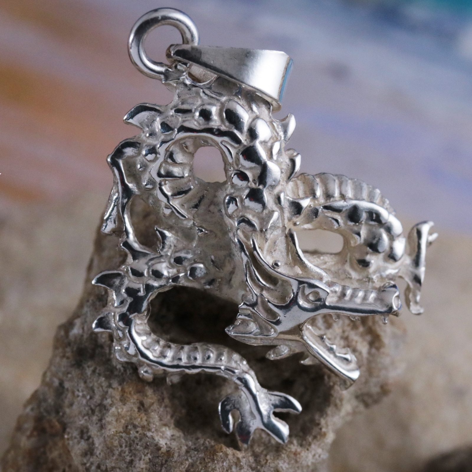 Sterling Silver Chinese Dragon Pendant Charm 1 1/2 tall