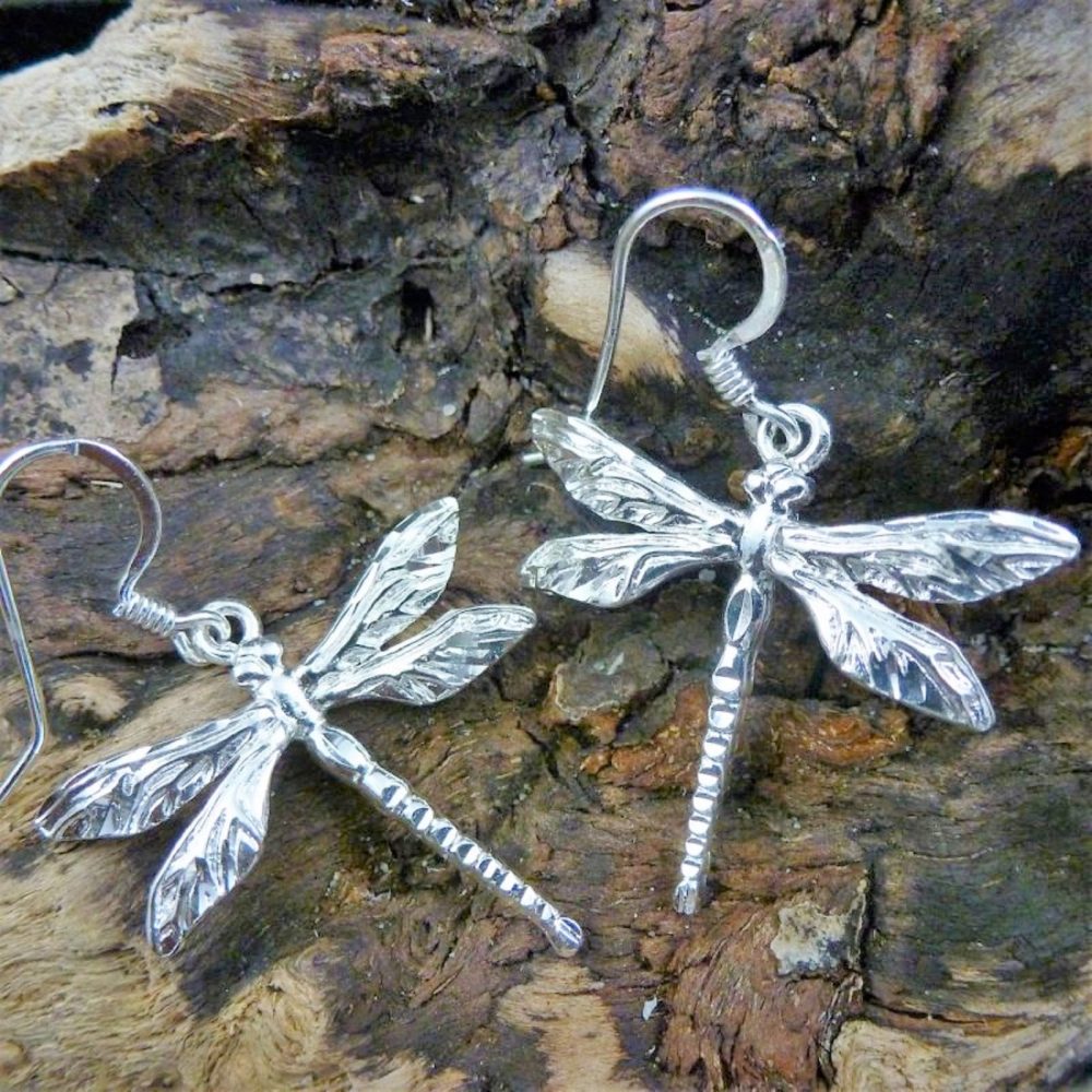 Silver Dragonfly Earrings, 1 5/8 long Diamond cut .925 Sterling dangle ear  wire Dragonfly gift for her, bug Jewelry, Fast Free Shipping